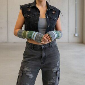 Green Gray Striped Multipattern Knit Fingerless Gloves Mittens Arm Warmers